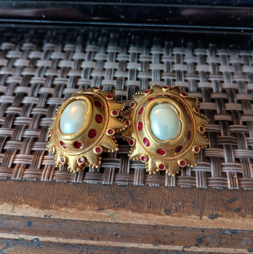 Vintage faux pearl and red stone clip-on earrings.